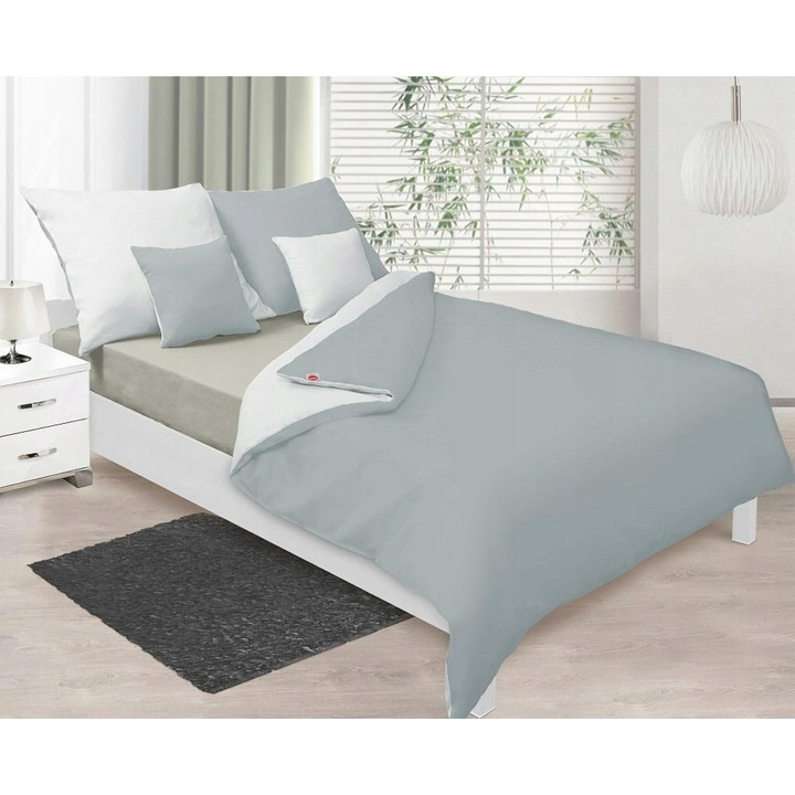 Lenjerie de pat MATEX 160x200cm + 2x70x80cm, bumbac satinat, alb/gri, cu fermoar