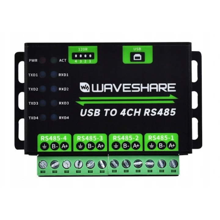 Индустриален конвертор USB-RS485 4 канала WaveShare, ESD защита, 86,2x48x27,7 мм, USB A към B кабел