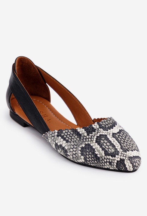 Balerini dama negri din piele cu imprimeu si decupaje