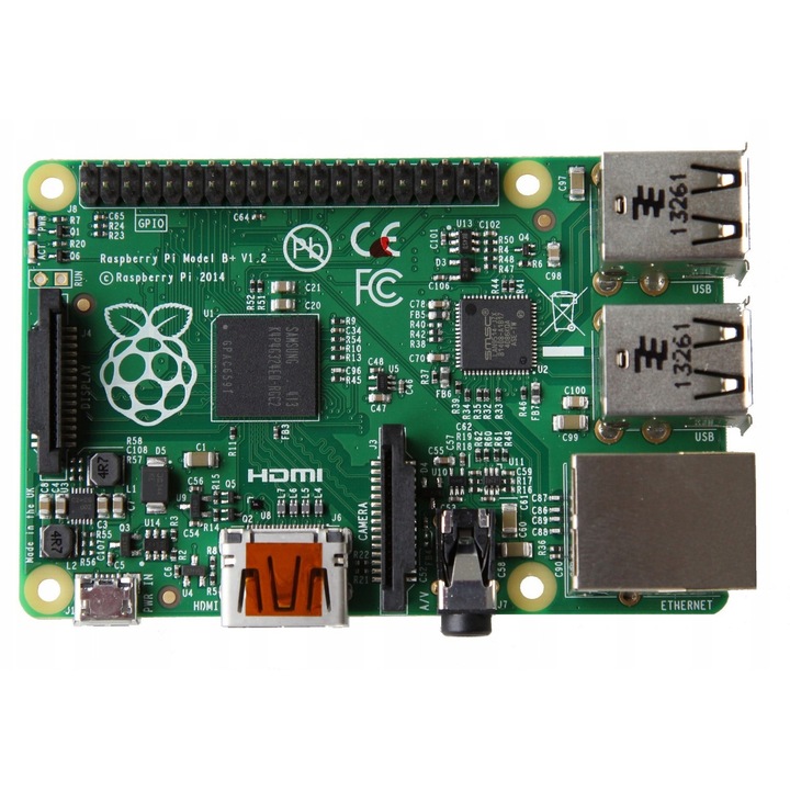 Placa de baza Raspberry Pi 1 B+, 512 MB RAM, 4 porturi USB, 40 pini, 85,60x56,5mm