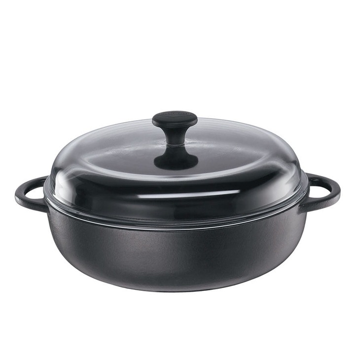 Tigaie din fonta cu capac, Kuchenprofi, 24cm, neagra, rezistenta la temperaturi de pana la +250C
