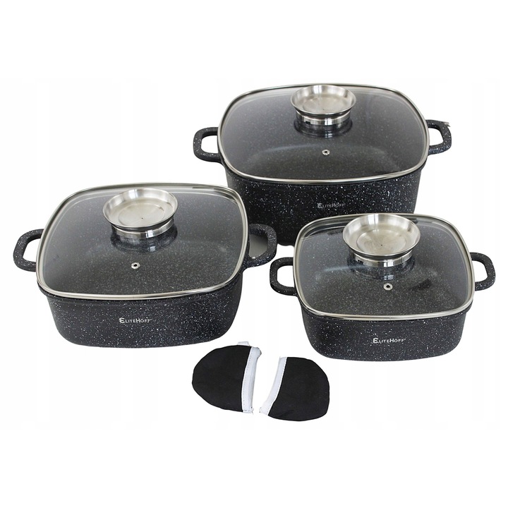 Set oale 8 piese, Elitehoff, ceramica-granit, 2,3L, 4,4L, 6,5L, pentru inductie, gaz