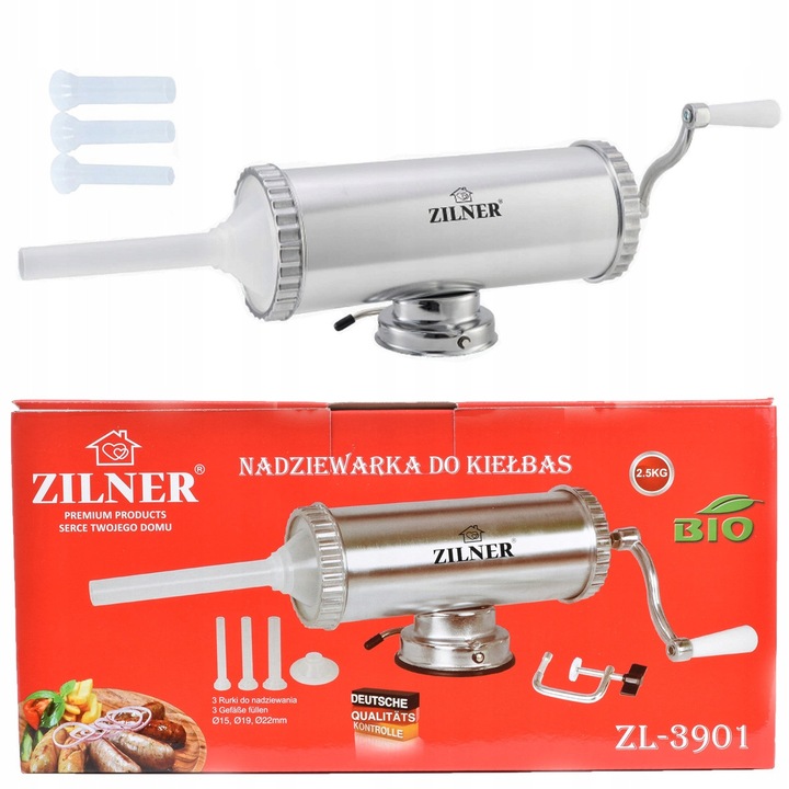 Ръчна месомелачка Zilner, пълначка за колбаси, 2,5 кг, 12 см, комплект от 3 накрайника 15, 19, 22 мм, сребриста
