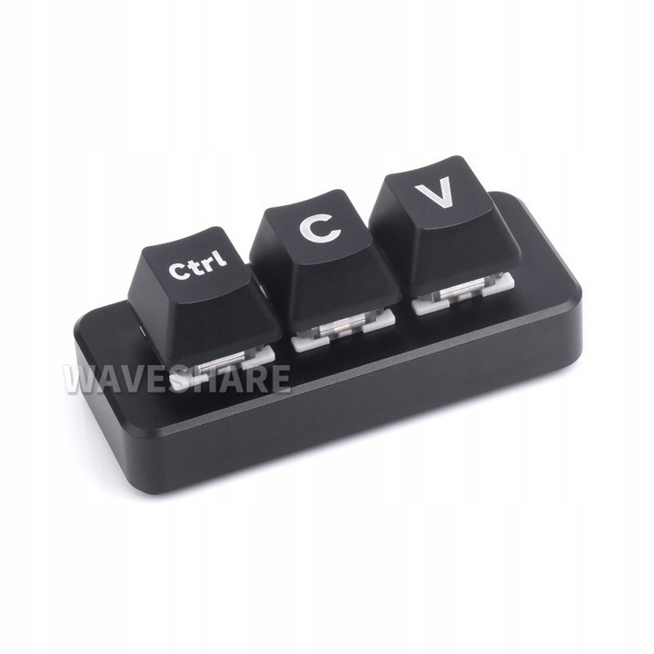 Tastatura WaveShare RP2040-Keyboard-3-PLUS, mecanica, cu LED RGB, neagra, 73x32x26mm, set cu 3 capace negre fara semne