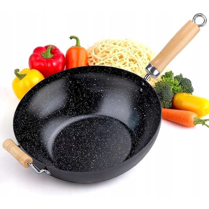 Tigaie wok Elitehoff 30 cm, din otel carbon, cu maner din lemn, antiaderent, pentru toate tipurile de plite