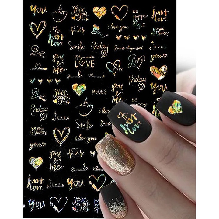 Set de 6 foite autocolante pentru unghii, Rel, inimioare aurii holo, aplicare simpla