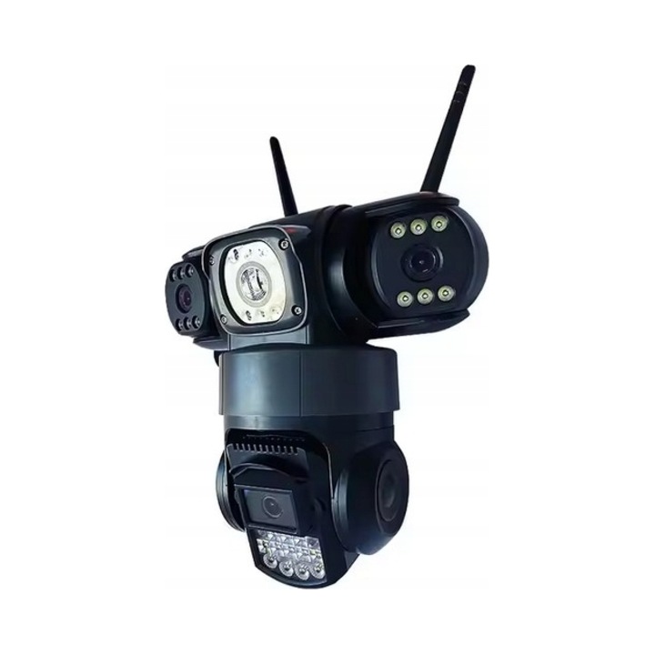 Camera de supraveghere exterioara WiFi 4K HD, 15MP, rotativa, cu 3 obiective, 20x21cm