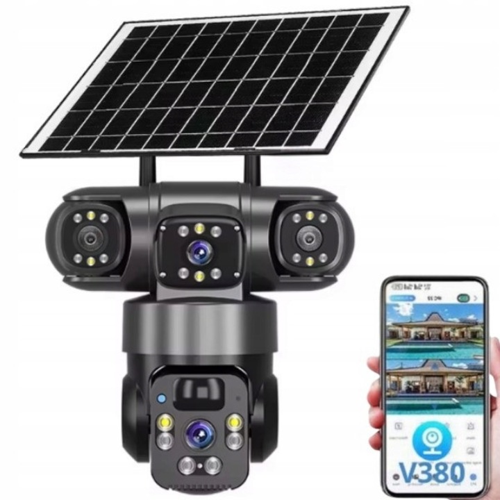 Camera de supraveghere solara 4G LTE cu doua obiective 4MP, detectie miscare, rotire 355°, IP66, 24x17.5x12cm, set complet