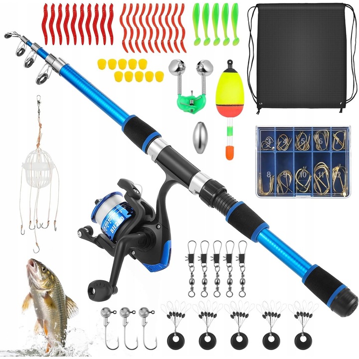 Set complet de pescuit pentru copii, lanseta telescopica 176 cm, mulineta, 53 accesorii, culoare albastra, dimensiune transportata 45 cm