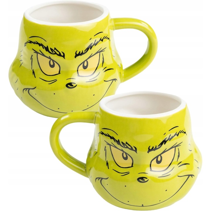 Cana ceramica Grinch 3D verde, 320 ml, cilindrica, cu motiv festiv