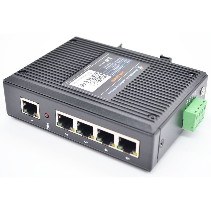 Индустриален Ethernet комутатор, 5 порта, 10/100 Mbps, захранване 9-36 V, монтаж на DIN шина, размери 120x90x33,5 mm