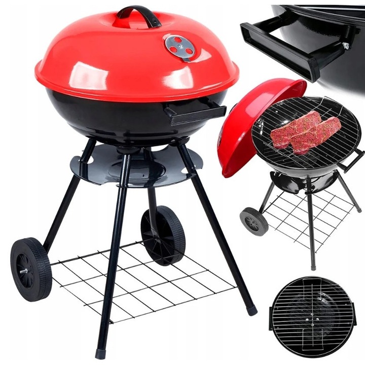 Rossner kerek kerti grill kerekekkel és fedővel, 34x34cm, fekete/piros, könnyen tisztítható