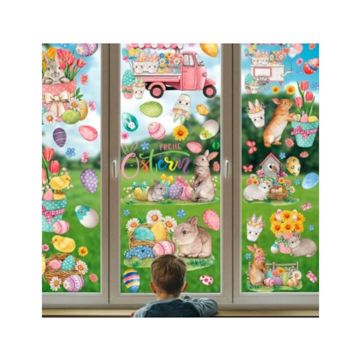 9 darabos húsvéti dekoratív ablakmatrica szett, motívumok: nyuszik, tojások, virágok, többszínű