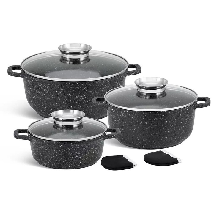 Set 3 oale Zilner, marmura, 20x20cm, 24x24cm, 28x28cm, capac cu dozator ulei