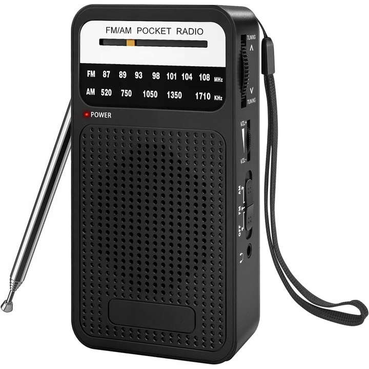 Radio portabil FM AM cu baterie, stereo, antena telescopica, negru