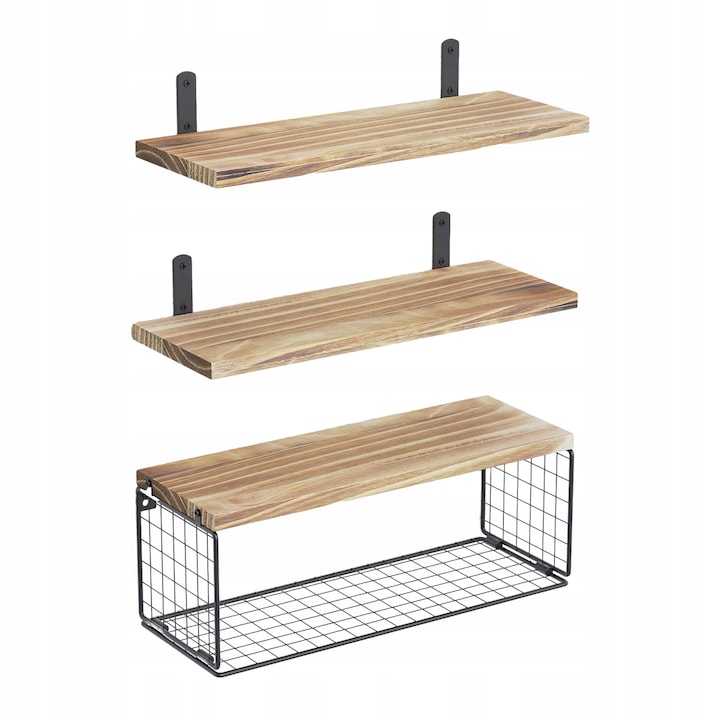 2 db fém polc szett, ipari stílusú, 30x12x13cm és 40x12x13cm, 10 kampó, fekete