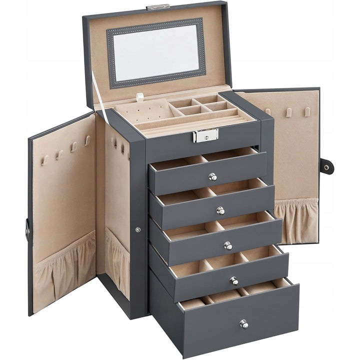 Ékszerdoboz, nagy rendszerező, 6 szintes, tükörrel, zárható, többszínű