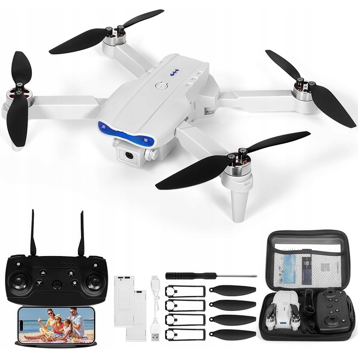 Drona cu camera 4K, stabilizare EIS, transmisie FPV 4 km, 62 minute zbor, set complet cu 2 baterii, culoare off-white