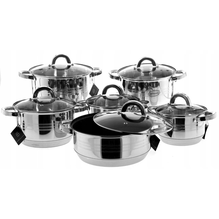 Set oale 12 el, Ronner, inox, inductie, 2.1-6.6 litri, cu capac din sticla