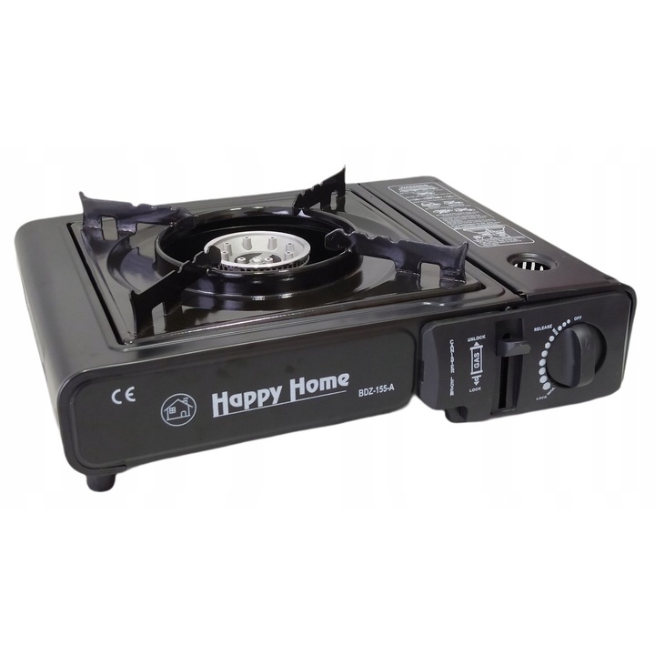 Happy Home BDZ-155-A turisztikai gázfőző szett, piezo gyújtás, bután és turisztikai palackos táplálás, 2500W teljesítmény, 220-227g patronnal kompatibilis, fekete, 1 szett