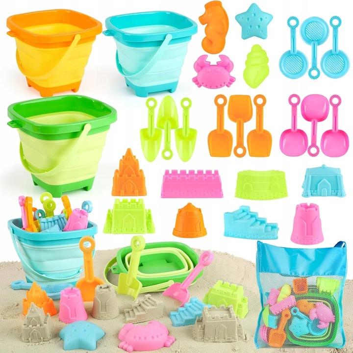 Set jucarii de nisip pentru copii, 28 elemente, multicolor, cu galeata pliabila, pentru plaja si gradina, varsta 2-5 ani