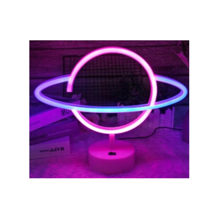 Lampa neon LED planeta, mobila, alimentare USB/baterii, 28x21,8x4,5cm
