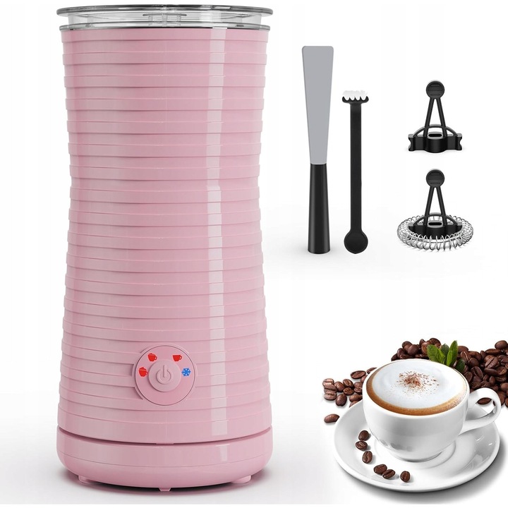 Spumant de lapte automat 4 in 1, 400W, roz, capacitate 240ml, 75-115ml spuma, set cu 2 teluri si perie de curatare