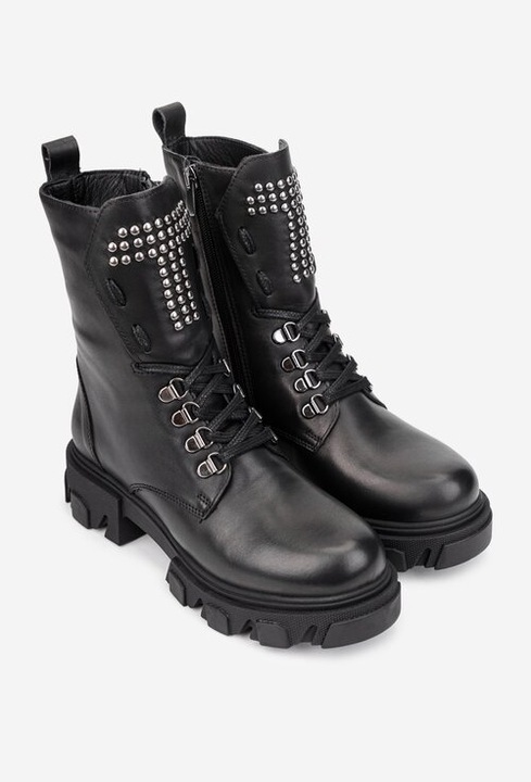 Ghete dama NUR negre din piele cu detalii bumbi