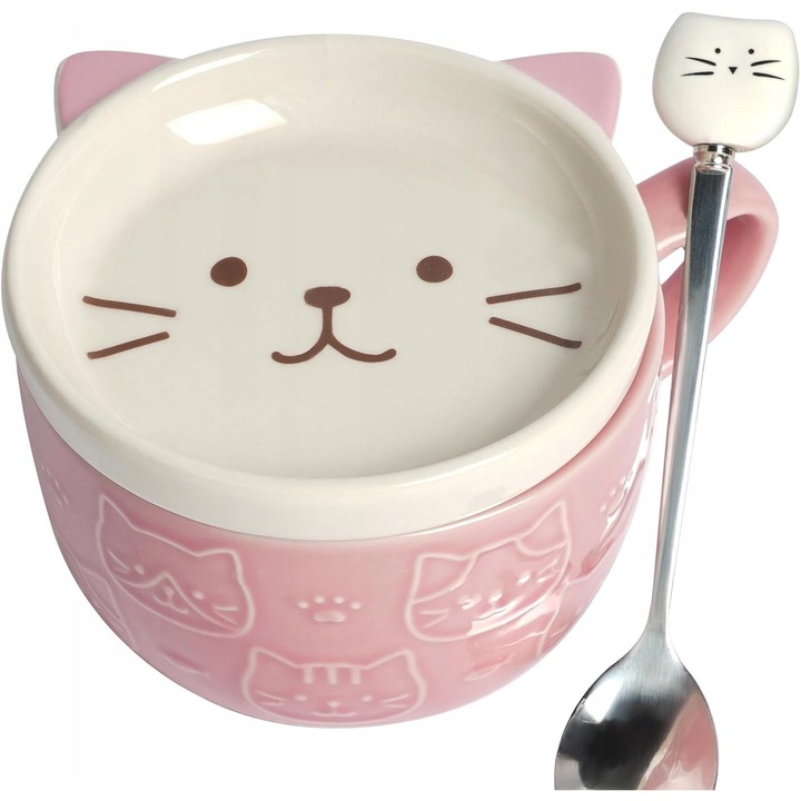 Cana ceramica cu motan, 300 ml, cu lingurita si capac, set