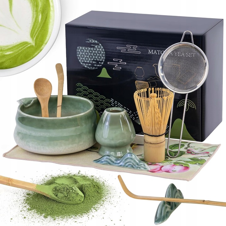 Set accesorii pentru matcha, 8 elemente, ceramica si bambus, roz