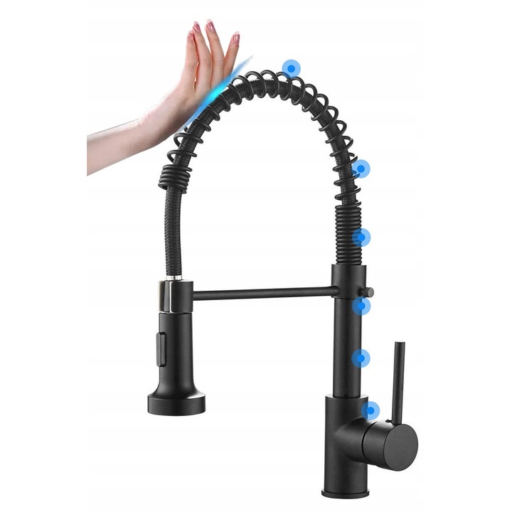 Szenzoros konyhai csaptelep, matt fekete, 42 cm magas, 360°-ban forgatható kifolyóval és kétféle vízsugárral, komplett szett