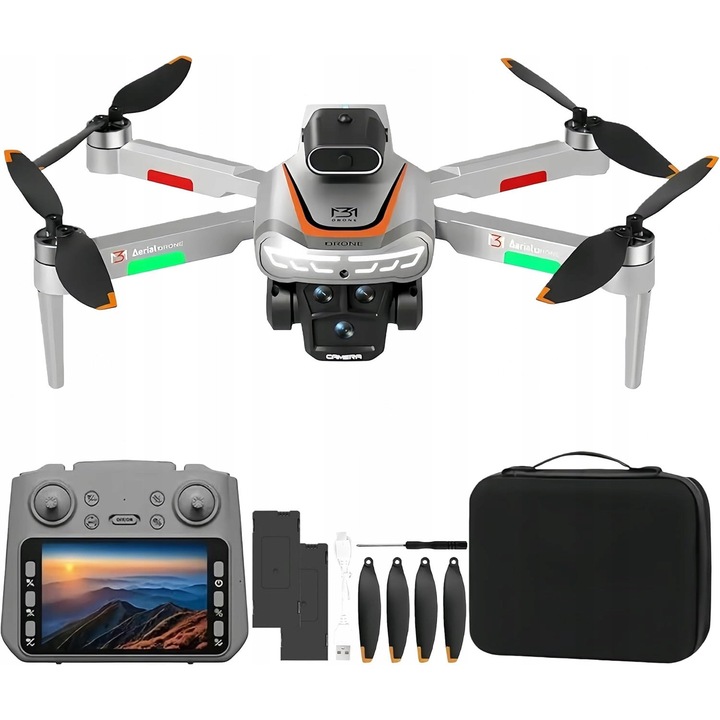 Dron cu camera FPV, ecran 4,3", motor fara perii, negru cu detalii rosii, set cu 2 acumulatori