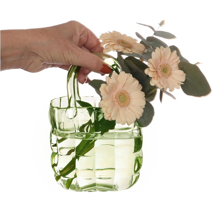 Vaza din sticla in forma de poseta, 22 cm, verde, dimensiuni 14x9,5x22 cm, set 1 bucata