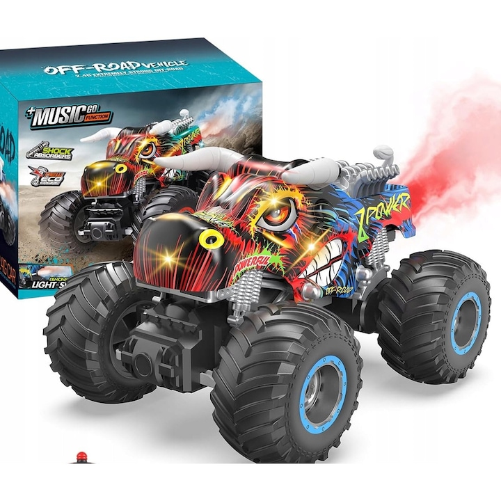 Monster Truck cu telecomanda, 20 km/h, efect de ceata, muzica, LED, negru, set cu 2 acumulatori