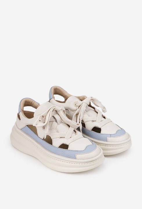 Pantofi dama bej cu bleu din piele cu decupaje