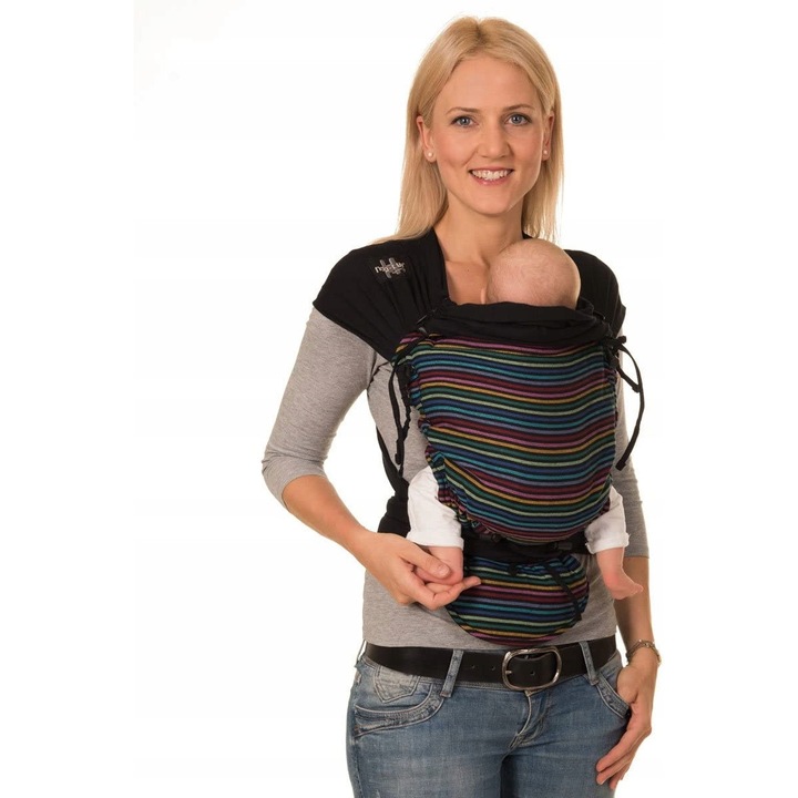 Marsupiu ergonomic Hoppediz Hop-Tye, multicolor, 0-30 luni, cu gluga, latime reglabila 20x40cm