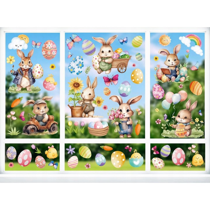 Húsvéti dekorációs matricaszett, 9 lap, témák: nyuszik, tojások, virágok, többszínű
