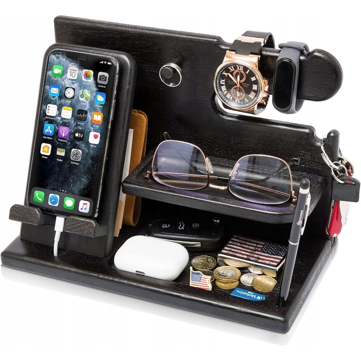 Organizator birou din lemn, negru, dimensiuni 15x26,4x18,8cm, multifunctional, stabil