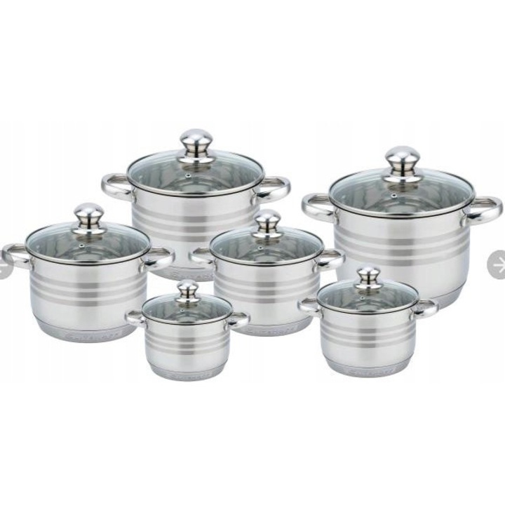 Set oale Elitehoff 6 piese, inox, capac din sticla, dimensiuni variate 16x10.5cm, 18x11.5cm, 20x12.5cm, 22x13.5cm, 24x14.5cm, 26x15.5cm