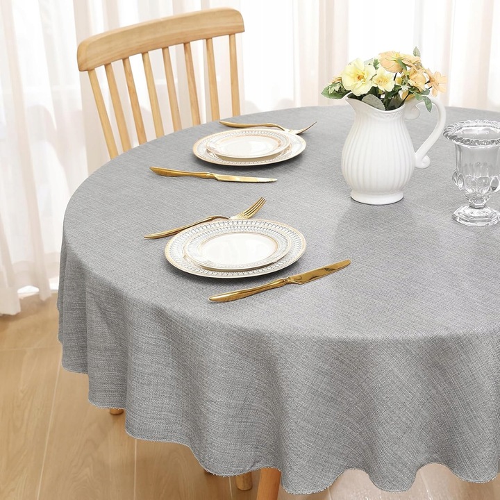 Obrus rotund 140cm, efect lotus, gri deschis, material panza