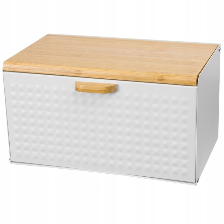 Chlebak din inox cu capac din bambus, alb, 35x23x21cm, set cu 3 recipiente pentru cafea, ceai si zahar