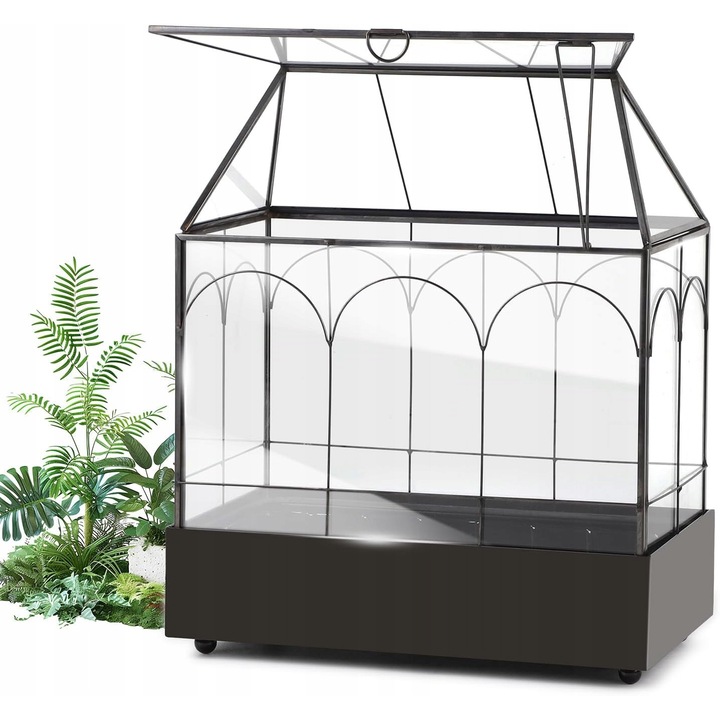 Mini sera din sticla pentru pervaz, 29x14,7x29 cm, neagra si transparenta, cu fereastra deschisa, ideala pentru suculente si cactusi