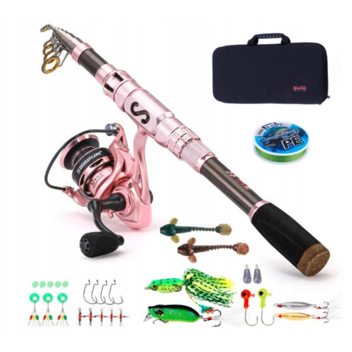 Set complet lanseta spinning, 2,7 m, roz, cu accesorii si torba transport, din fibra de carbon
