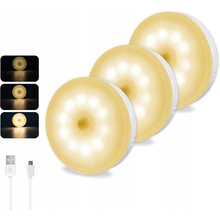 Lampa LED cu senzor de miscare, set 3 buc, 0,5W, incarcare USB, lumina calda