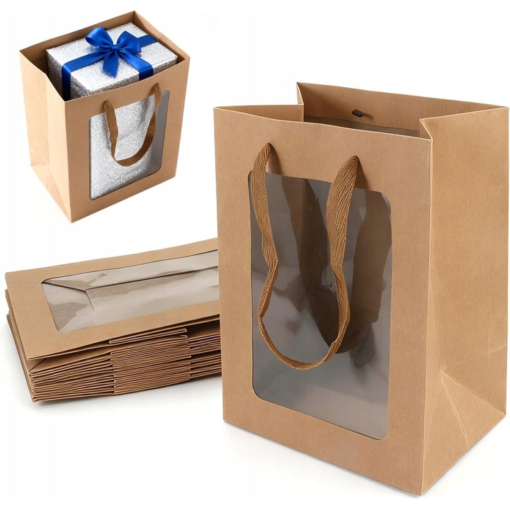 Set 10 torebki din hartie kraft cu fereastra, maro, pentru cadouri