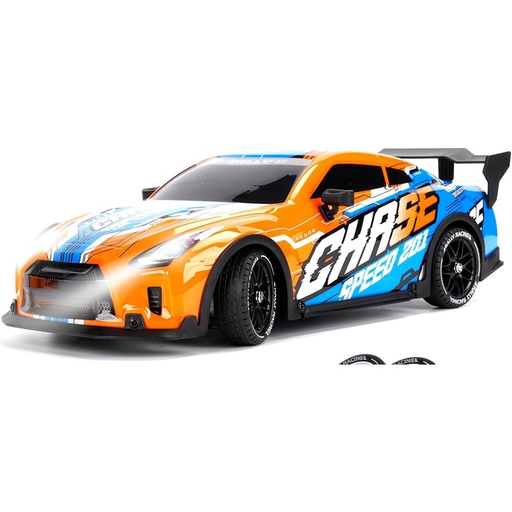 Masina de drift radio controlata 1:14, 4x4, viteza 25 km/h, LED, set cu anvelope schimbabile, albastru/orange/rosu