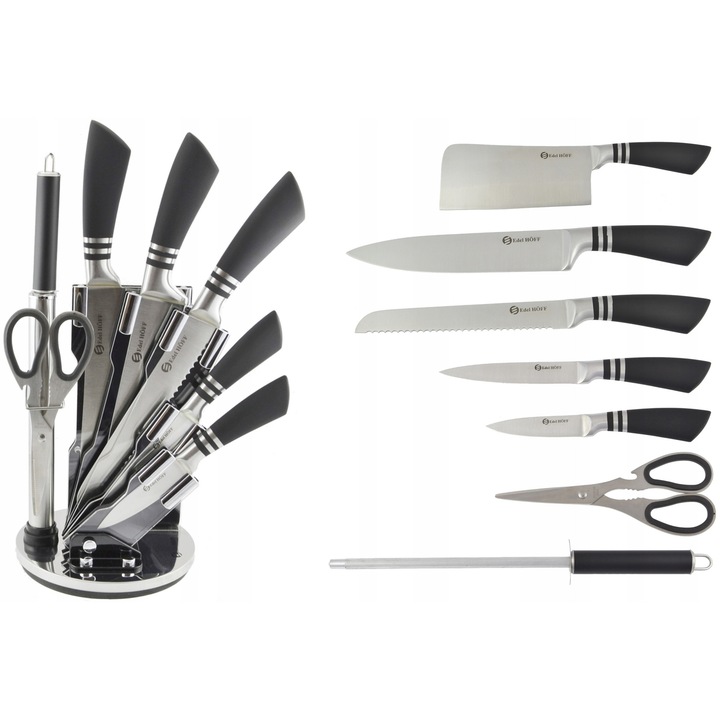 Set de cutite Edel HOFF, 8 piese, inox, rosu, negru, alb, argintiu, suport rotativ