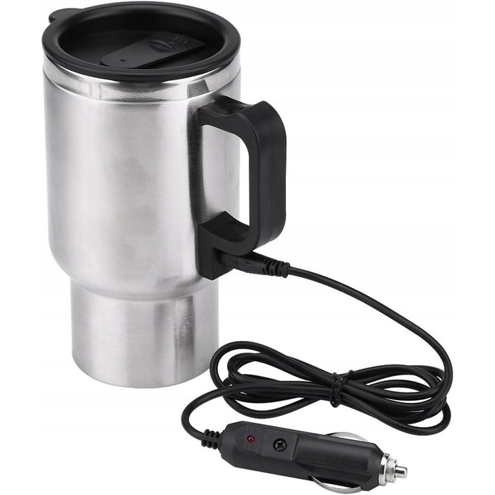 Termos electric 12V, 450ml, inox, negru, 16x8,5x16cm