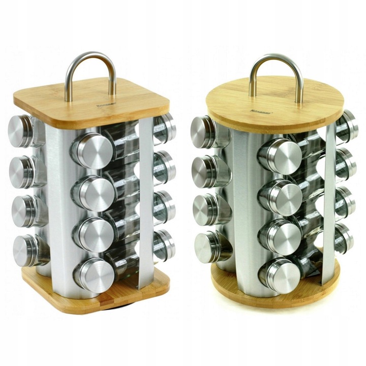 Set 16 recipiente pentru condimente cu suport rotativ din inox si lemn, 60 ml, Rossner