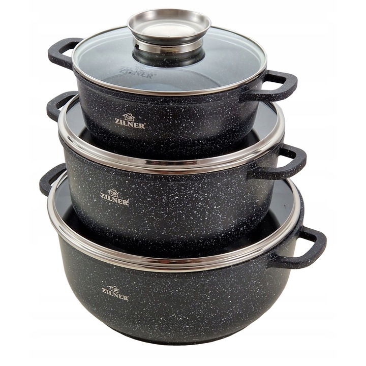 Set 3 Oale Zilner cu Palarie Marmoasa, Negru, 2L, 4.5L, 6.8L